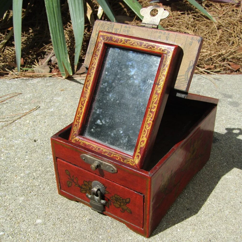 Vintage Chinese Red Lacquer Vanity Jewelry Box with Mirror & Dragon Motif